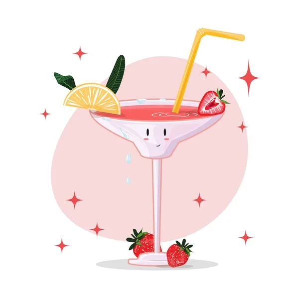 Funny Cartoon Cocktail Character Strawberry Lemon Summer Holiday Background Cute — Διανυσματικό Αρχείο