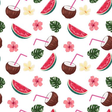 Meyveli yaz arkaplanı. Beyaz arka planda karpuz, hindistan cevizi, yapraklar ve çiçeklerle egzotik ormansız desen. Tekstil, kartlar, ambalaj kağıtları, ambalajlar için.