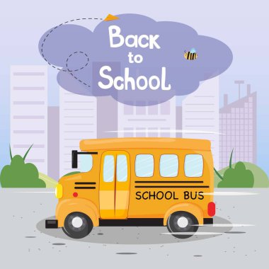 Cute school bus on the way to pick children to school. Back to school illustration with a bus, bee and a paper plane on city park background in flat cartoon illustration.