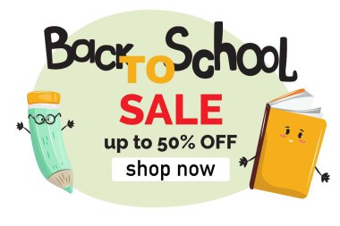 Back to school sale banner with a pencil and book in flat cartoon style. For banners, flyers, cards, advertisements. 