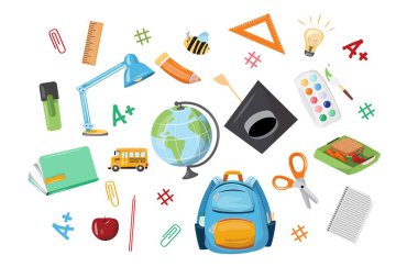 Collection of school supplies on white background in flat cartoon style. Education, studing, back to school concept illustration.