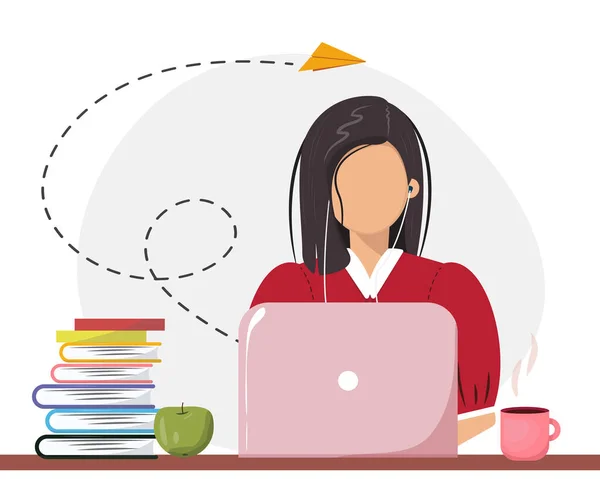 Woman Headset Sitting Studying Laptop Online Studying Home Office Communication — Stockvektor