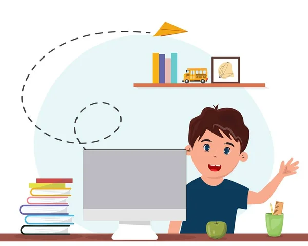 Boy Studying Home Computer Online School Education Communication Concept Illustration — Stock vektor