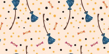 Süpürge ve şekerli şirin cadılar bayramı deseni. Tekstil, ambalaj kağıdı, ambalaj için.