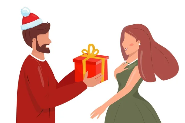 Mężczyzna Dający Kobiecie Pudełko Prezentów Świąteczna Ilustracja Parą Mężczyzna Ubrany — Wektor stockowy