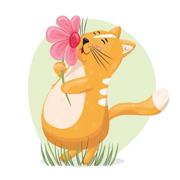 Cute Little Cat Enjoying Flower Spring Summer Spring Illustration Cute — Stock Vector