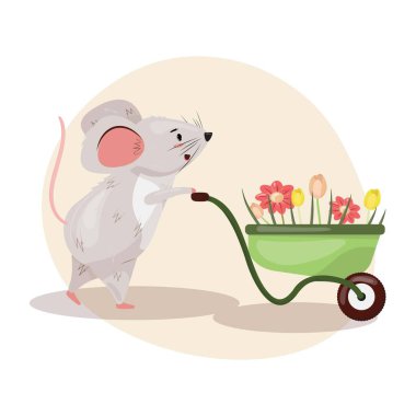Bahçede el arabası olan bir fare. El arabasında çiçek taşıyan şirin bir fare. İlkbahar, yaz çizimi düz çizgi filmdeki karakterle. 
