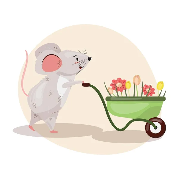 Myš Zahradě Kolečkem Roztomilá Myška Nesoucí Květiny Kolečku Jaro Letní — Stockový vektor