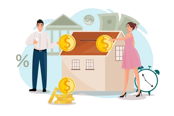 男人和女人投资的房子 现代的例证是男人和女人为自己的财产存钱 不动产 贷款概念说明 — 图库矢量图片