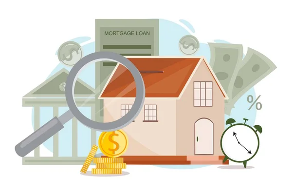 现代插图与房子 放大镜 房地产 抵押贷款概念说明 — 图库矢量图片