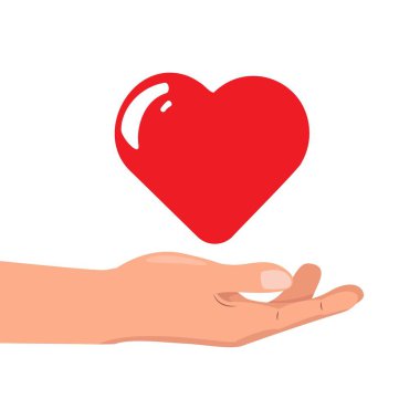 Kırmızı kalpli bir el. Vektör düz tasarım çizimi. 