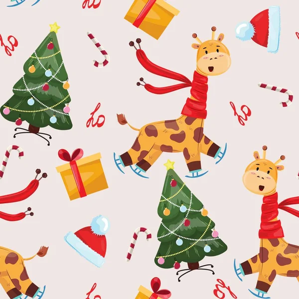 Vánoční Vzor Žirafou Vánočním Stromečkem Dárkovými Krabicemi Vtipné Vánoční Kreslené — Stockový vektor