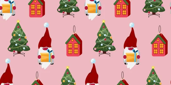 Fond Sans Couture Noël Avec Gnome Mignon Arbre Noël Maisons — Image vectorielle