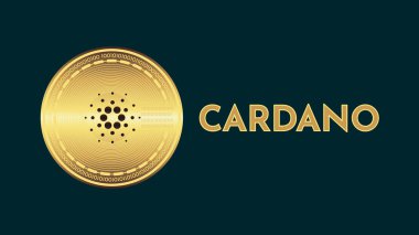 Cardano Adası eski kripto para birimi. Popüler projeler için tasarlanmış mavi arka planda altın bir sikke. akıllı sözleşmeler ve otomatik ödeme sistemleri gelecekteki teknolojiler