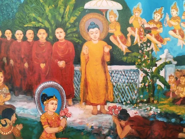 Colourful Sri Lankan mural or fresco with Buddhist monks and angels — Stock Photo, Image