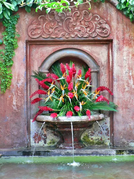 Zbliżenie piękne rustykalne fontanna z pięknymi kwiatami, Antigua, Gwatemala — Zdjęcie stockowe