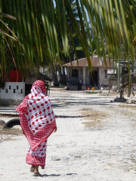 Vrouw in rode sari wandelen door palmen door Jambiani dorp, Zanzibar — Stockfoto