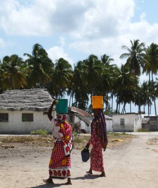 Rear view two women carrying buckets of water on their heads, Zanzibar