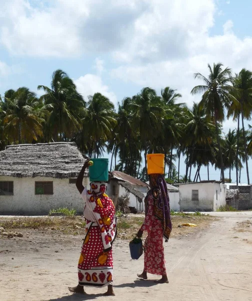 Rear view two women carrying buckets of water on their heads, Zanzibar — Stockfoto
