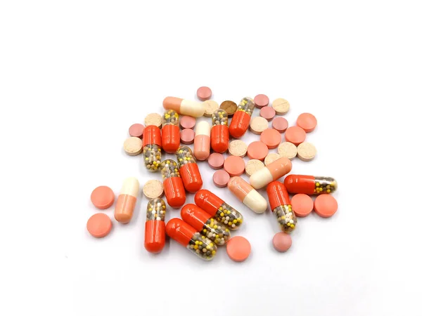 Válogatott Gyógyszerészeti Gyógyszer Tabletták Tabletták Kapszulák Fehér Alapon — Stock Fotó