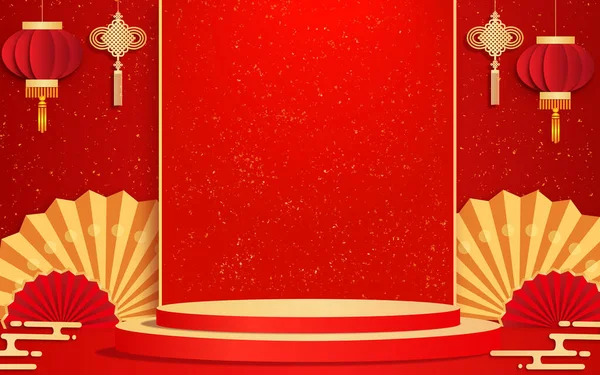 中国新年贺卡背景 灯笼在红色方块纸上 云彩连绵 3D矢量说明 — 图库照片