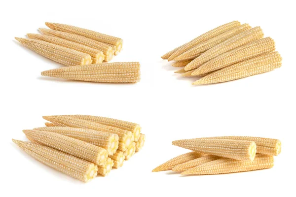 Набір стосів кукурудзи на білому тлі. Дитяча кукурудза ізольована на білому однорідному фоні, відсічний контур, повна глибина різкості . — стокове фото