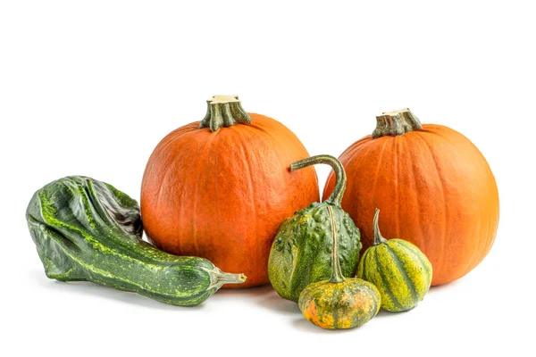 Zucca su sfondo bianco. zucca decorativa isolato Halloween isolato su bianco da inserire nel vostro progetto o design. Tre zucche arancioni impilate in un mucchio gettano un'ombra — Foto Stock