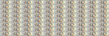 Para geçmişi, dolar damgası. Baskı makinesinden kesilmemiş 100 banknot kağıdı. Üst görünüm, pürüzsüz geniş ekran duvar kağıdı