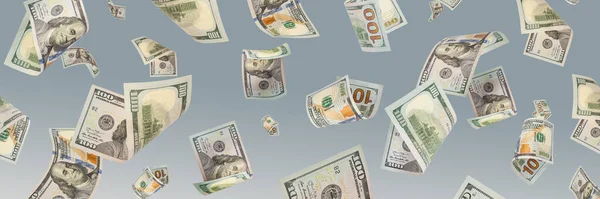Száz dolláros bankjegyek esnek a kék háttér. A vagyon fogalma, a nagy győzelem vagy a hatalmas jövedelem. Szóköz a szóköz vagy a szöveg beillesztéséhez — Stock Fotó