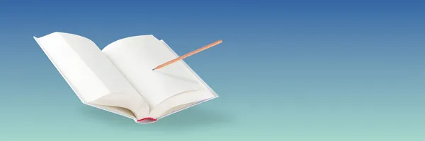 White open book. A blank white book floats in the air, casting a shadow against a blue background. Blank pages of a book. Flying or hovering pencil draws on a blank page. — Stock Photo, Image