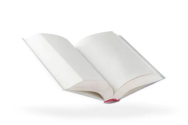 White open book. A blank white book floats in the air, casting a shadow over an isolated white background. Blank pages of a book. — Stock Photo, Image