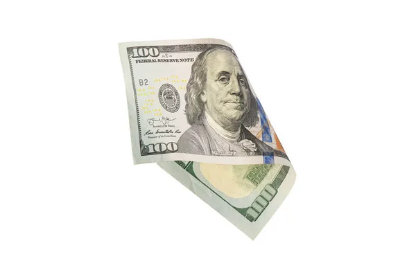 白い百ドル札の上に隔離する。アメリカのお金は半分に折り畳まれ、クローズアップ. — ストック写真