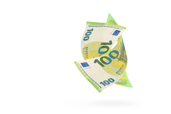 One hundred euro banknote isolated on white background. European money folded in half, close-up of money casts a shadow.Two euro banknotes intertwined in the air — Stock Photo, Image