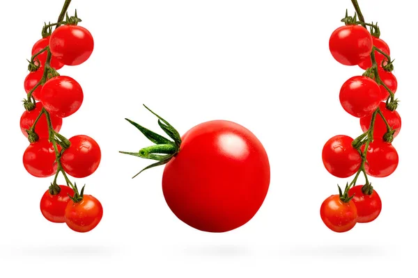 Kirschtomaten isolieren sich auf weißem Grund, verschiedene Tomaten auf einem Zweig auf weißem Hintergrund. Für Etikett oder Banner — Stockfoto