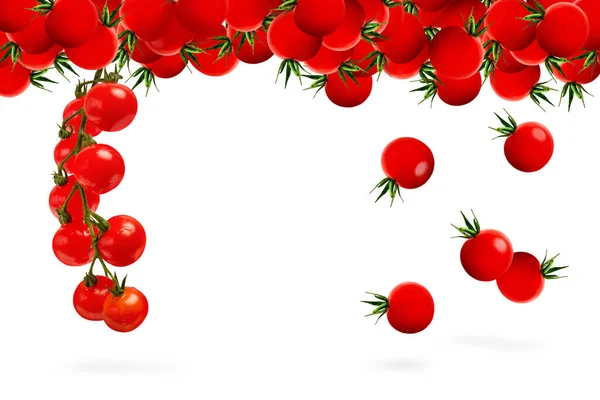 Kirschtomaten isolieren sich auf weißem Grund, verschiedene Tomaten auf einem Zweig auf weißem Hintergrund. Für Etikett oder Banner — Stockfoto