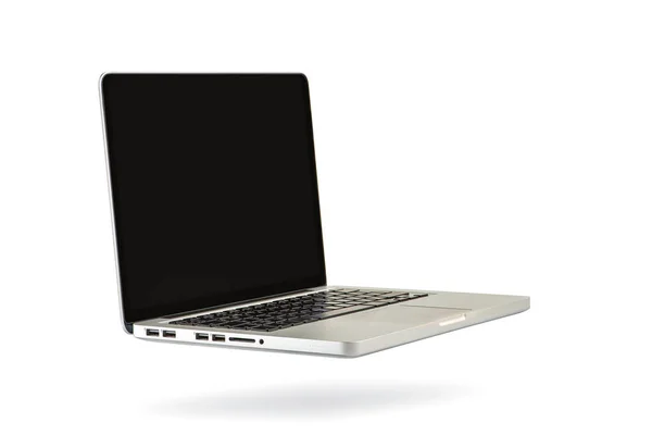 En bärbar dator svävar i luften kastar en skugga på en vit isolerad bakgrund. Vit skärm för kopieringsutrymme. Dator isolerad på vit bakgrund — Stockfoto