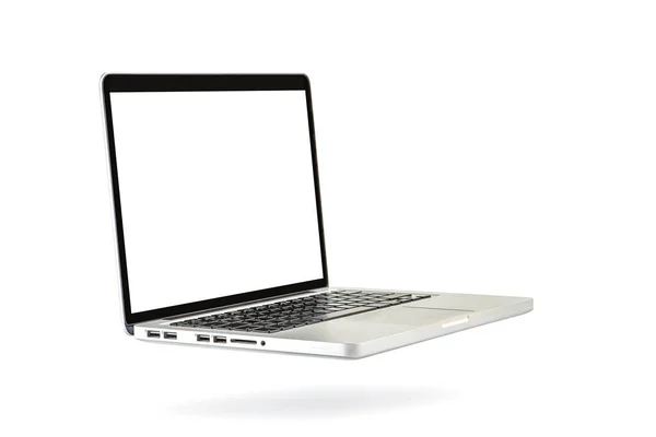 En bärbar dator svävar i luften kastar en skugga på en vit isolerad bakgrund. Vit skärm för kopieringsutrymme. Dator isolerad på vit bakgrund — Stockfoto