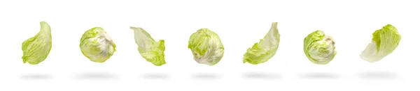 Big set Iceberg lettuce green leaves isolated on white background. Fresh lettuce leaf drops with shadow. Ingredients for hamburgers — 图库照片