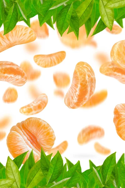 Een grote set van mandarijn plakken geïsoleerd op een witte achtergrond vallen werpen een schaduw. Aparte mandarijnschijfjes om in een project of ontwerp in te voegen — Stockfoto