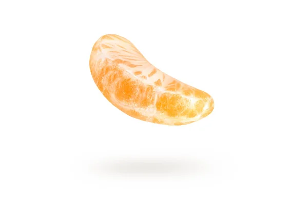 A piece of mandarin isolated on a white background, falling casting a shadow. Individual segments of tangerine slices, for inserting into a project or design. — Stock Photo, Image