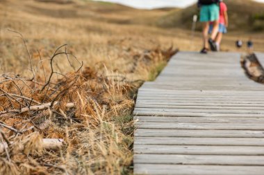Dağlardaki ahşap patika. Tahta döşeme. Dağlardaki tahtalardan yapılmış dolambaçlı turist yolu. Yetişkinler ve çocuklar turist yolu boyunca dağlarda yürürler.