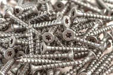 Torx kafalı evrensel gümüş vidalar yakın çekim. Tahta, kontrplak ya da yonga için kendi kendine dokunan vidalar. Torx vidaları kapatır.