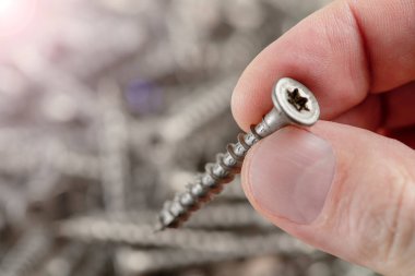 Bir adam vida tutar, yakın plan. Tahta mobilya üretimi için vidalar. Tamir ve onarım aletleri. Torx başlıklı paslanmaz çelik cıvatalar.