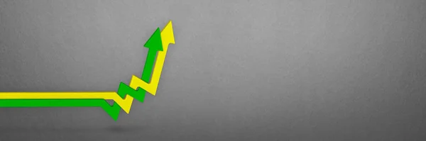 Inflation, rising inflation. Rising prices. Yellow and green arrows intertwined on the chart pointing up, gray background. Growth concept — Stock Photo, Image