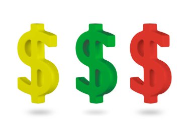 Beyaz arka planda dolar işareti var. Üç renkli dolar işareti 3D, sarı yeşil ve kırmızı