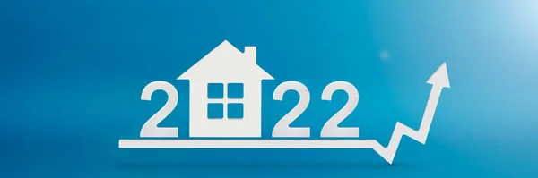 Valore immobiliare nel 2022. Aumento dei costi di costruzione, assicurazione, affitto e ipoteche. inflazione e aumento dei prezzi. Modello di casa su sfondo blu. Numeri 2022 sulla freccia in alto — Foto Stock