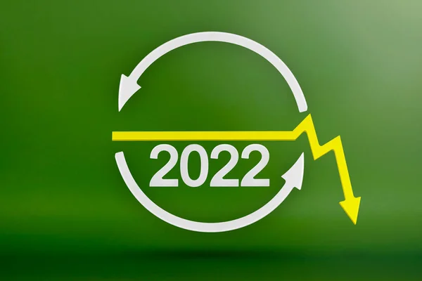 Οικολογία, σύμβολο ανακύκλωσης 2022, λευκά βέλη σχηματίζουν έναν κύκλο. 3D εικόνα σε πράσινο φόντο. Πράσινα προϊόντα, πράσινες ανανεώσιμες πηγές ενέργειας, γράφημα δείχνει πάνω και κάτω — Φωτογραφία Αρχείου