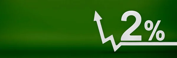 2 percent. The arrow on the graph points up. Rising prices, inflation, increase in income, increase in interest rates, taxes. 3d banner, two percent sign discount on a green background. — Stockfoto