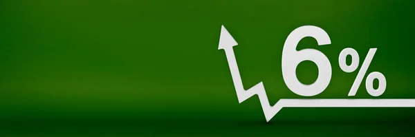 6 percent. The arrow on the graph points up. Rising prices, inflation, increase in income, increase in interest rates, taxes. 3d banner, six percent sign discount on a green background. — Fotografia de Stock
