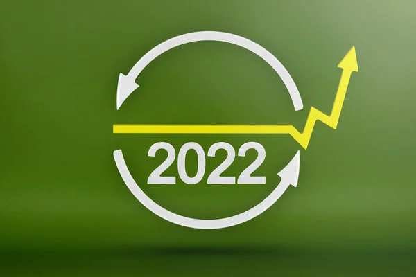 Ecology, recycling symbol 2022, white arrows form a circle. 3D image on a green background. Green products, green renewable energy, graph pointing up and down — Stockfoto